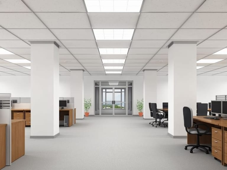 Open-plan office with desks, computers and chairs