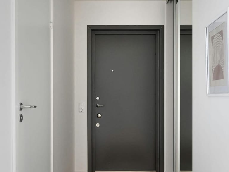 Entry hall with a grey door and a mirror