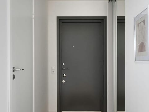 Entry hall with a grey door and a mirror