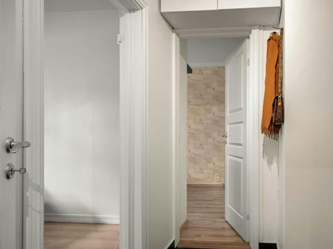 Interior hallway with doors and a dark wood floor